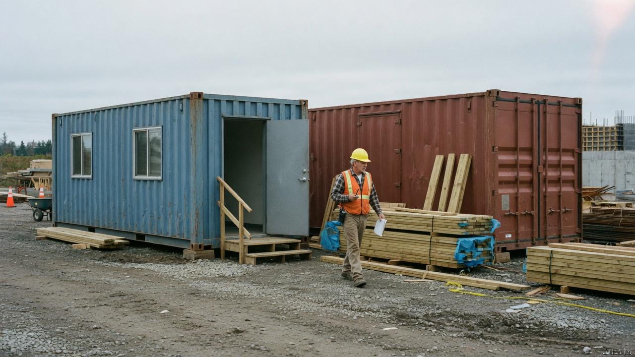 A jobsite office container beside a storage container, with a superintendent walking between them