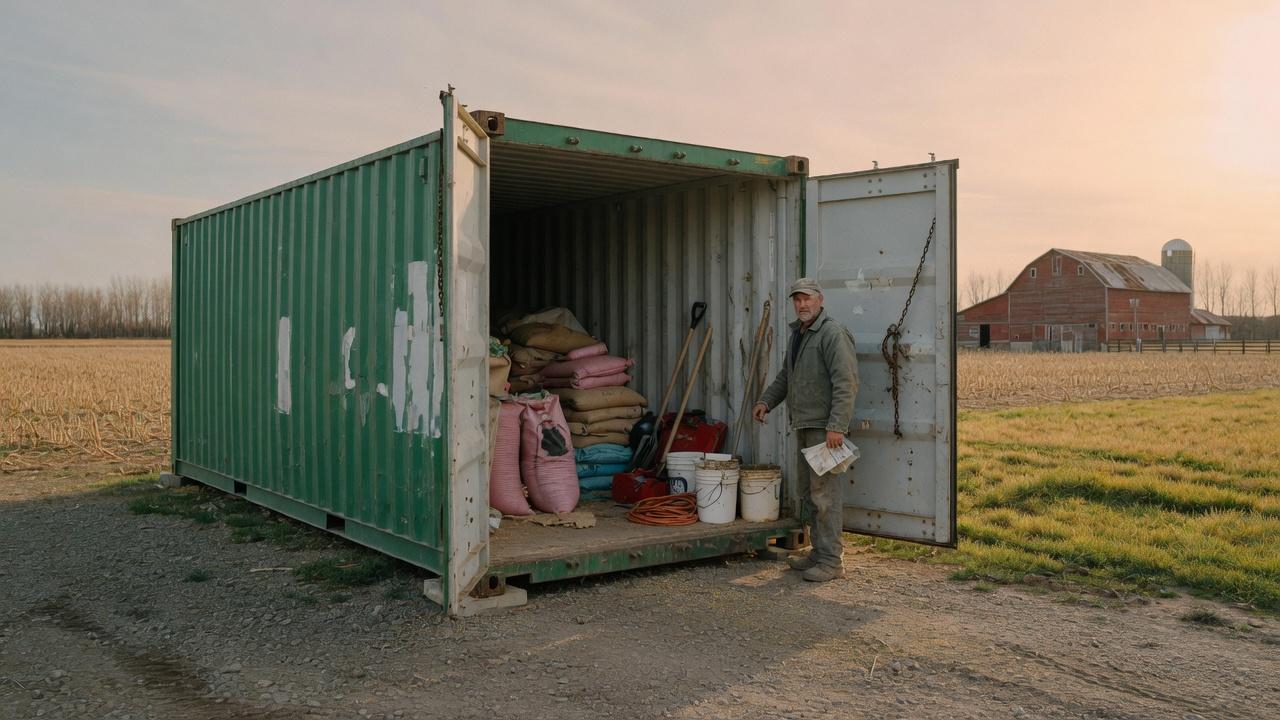 A green shipping container used for farm storage, with a farmer at the open doors