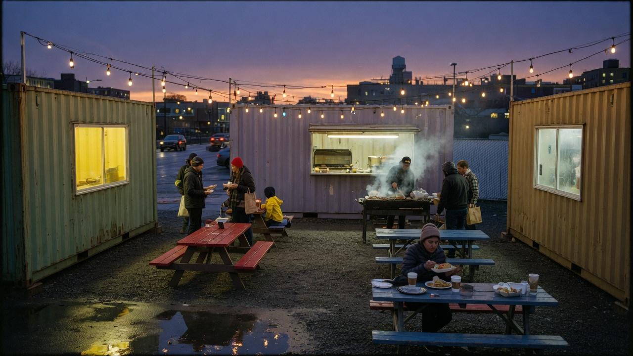 A dusk food court made of converted shipping containers, with people eating at picnic tables