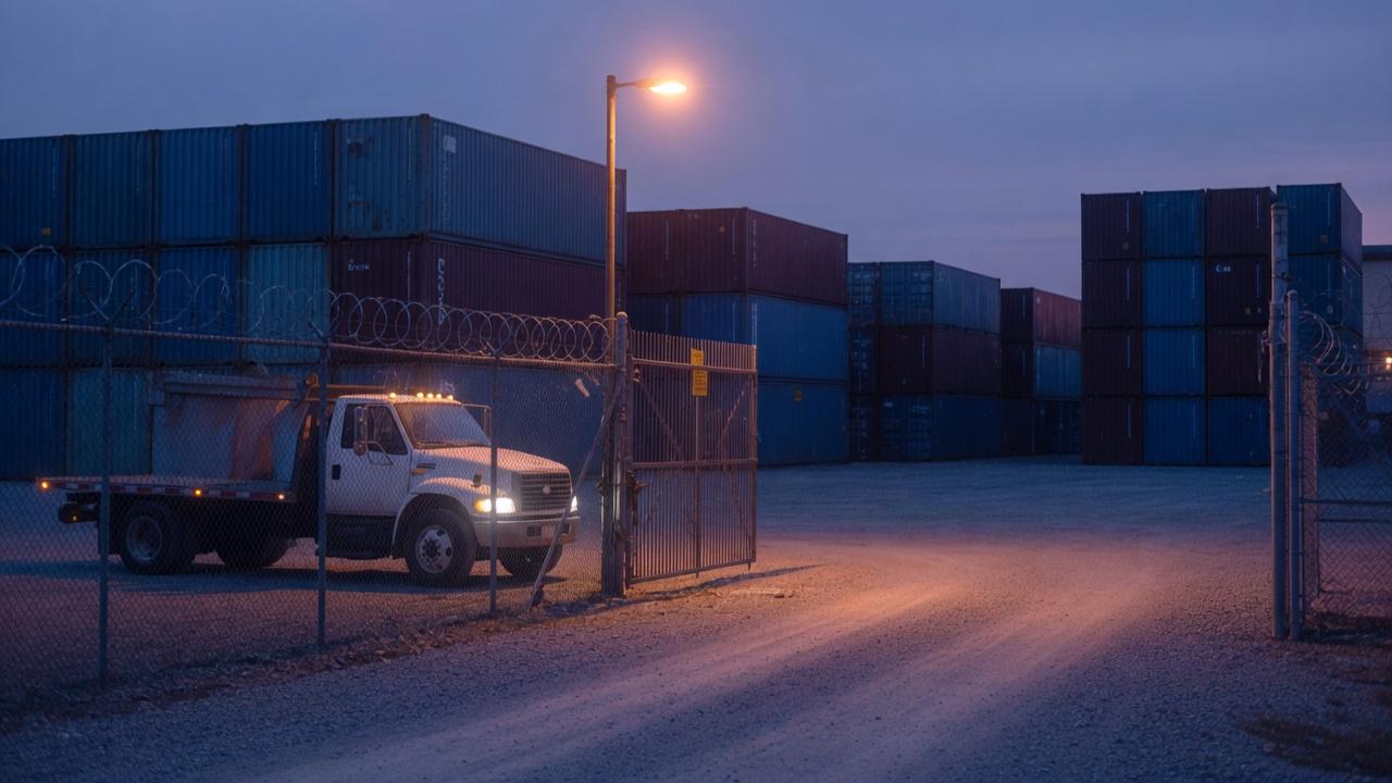 A container depot gate at dusk, with a truck waiting under a yard lamp