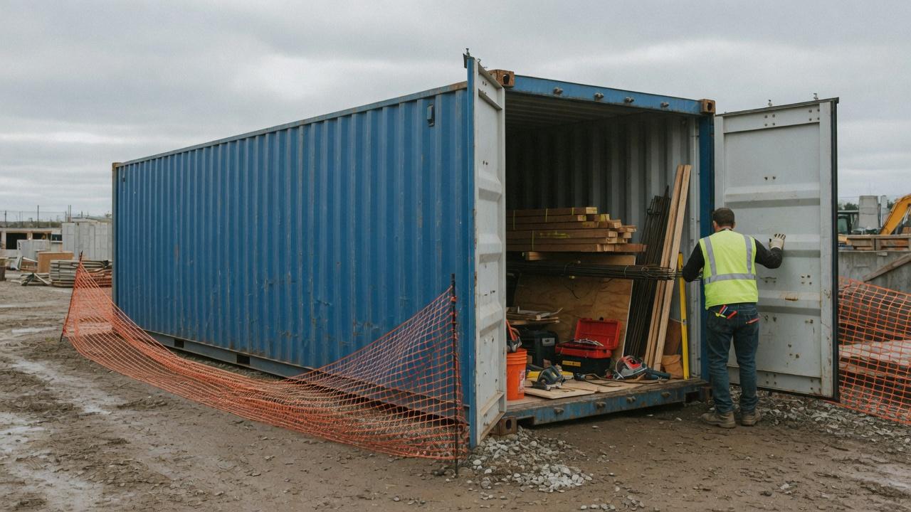 A blue shipping container used as construction-site storage, with a contractor at the open doors