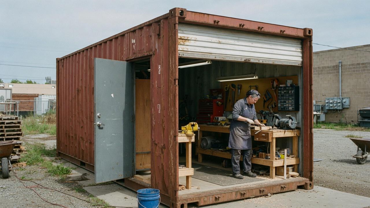 A converted shipping container used as a workshop, with a craftsperson at a workbench